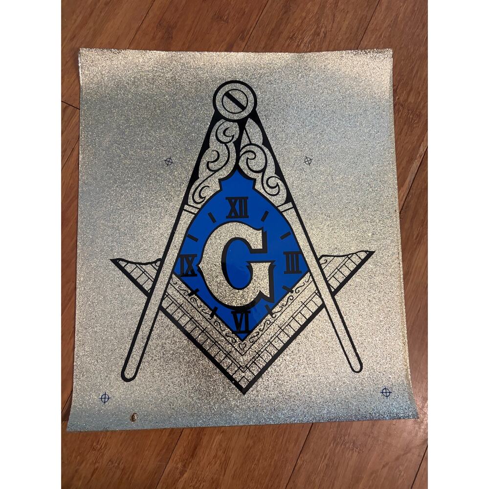 Masonic Mason compass clock glitter background- vinyl- 12 1/2” x 11”-NOS